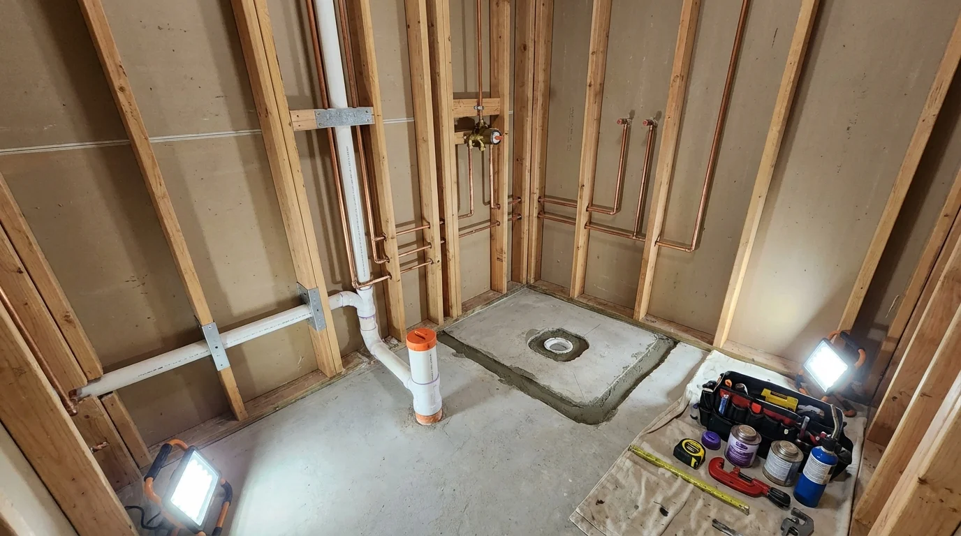 Bathroom rough-in plumbing during remodel by Johns Plumbing LLC in Kerhonkson