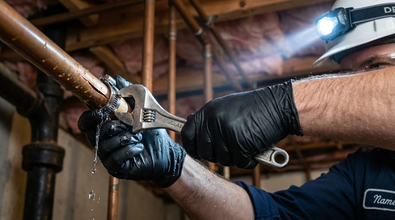 Emergency pipe clamp repair being performed by a Johns Plumbing LLC plumber in Kerhonkson