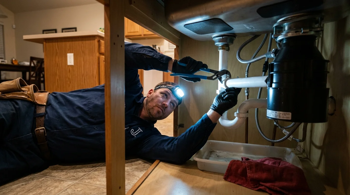 P-trap and supply line connections under a kitchen sink showing a common leak point in Kerhonkson, NY